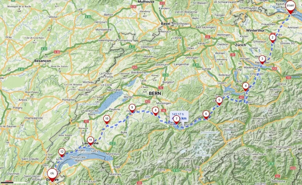 Svatojakubská cesta Švýcarsko mapa