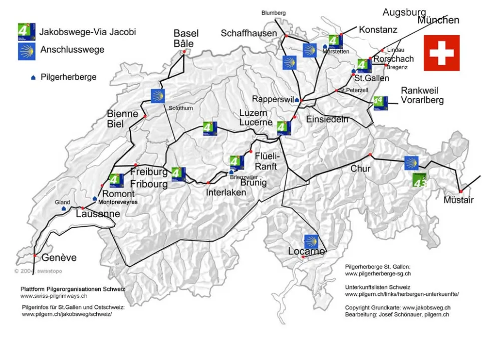 Mapa svatojakubská cesta Švýcarsko