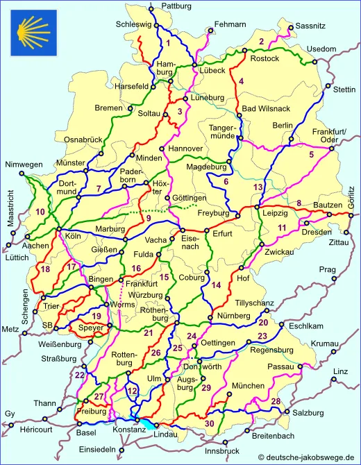 Přehled svatojakubské cesty Německo mapa