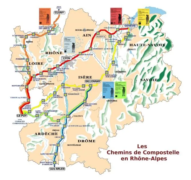 Mapa Via Gebennensis s&nbsp;variantami před le Puy en Velay 